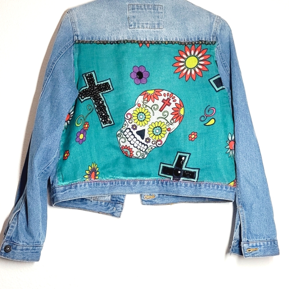 Custom skull day of the dead Denim jacket size XL